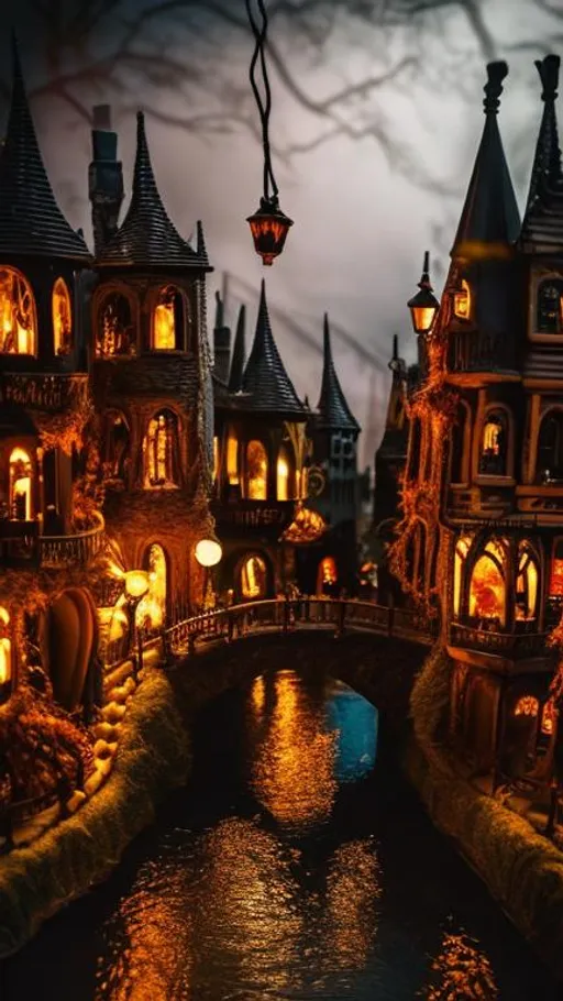 Prompt: A dark photo from a I Spy Book of a spooky miniature fall lofi witch haunted town village bridge with a river flowing under and lined with lit street lights and cute buildings and shops and lit up windows and falling autumn leaves covering the ground and miniature pumpkins at night in the style of Tim Burton