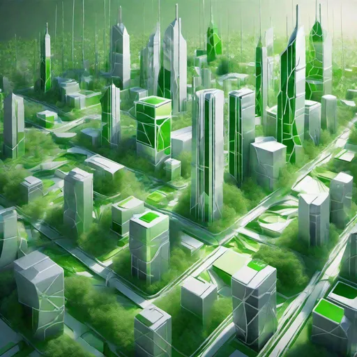 Prompt: Create an abstract piece showcasing a cityscape in 2075, where hyperconnected infrastructures blend seamlessly with sustainable green spaces. Use geometric shapes and lines in hues of silver and green to highlight the harmony between technology and nature