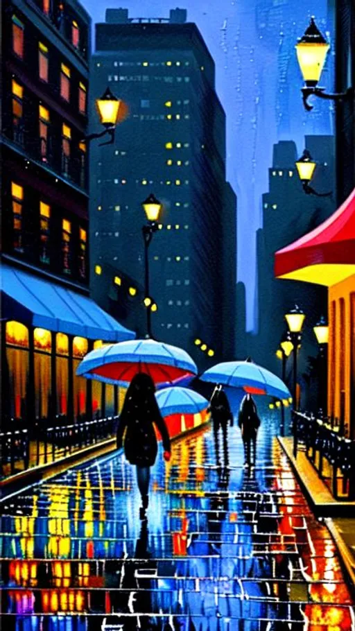 Prompt: A walk on the streets of city park New York  at night the streets are wet but it isn't raining in the painted with a pallet knife

