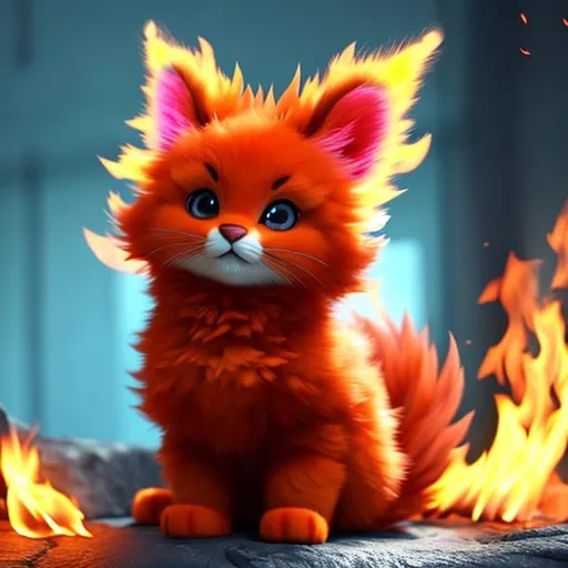 Prompt: Cute, red, fluffy, fiery fur, fire kitten, possessing the element of fire and making circles of fire and fire move around in the air in a magical way. Perfect features, extremely detailed, realistic, complimentary colors