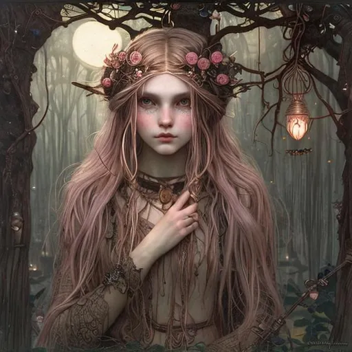 Prompt: Portrait Druid witch girl with rose gold pinkish hair and pretty detailed face in a dark and mysterious tree with Hanging lanterns by John Bauer and John William Waterhouse high contrast colorful storybook illustrations braids in hair moon in sky