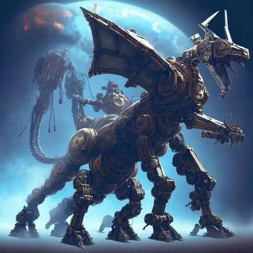 Prompt: Large Steampunk Mecha Warrior riding the dragon, mecha warrior was originally designed to destroy planets, Large Steampunk Mecha Warrior riding the dragon, mecha giant is humanoid in shape and mimicking that of a spartan warrior