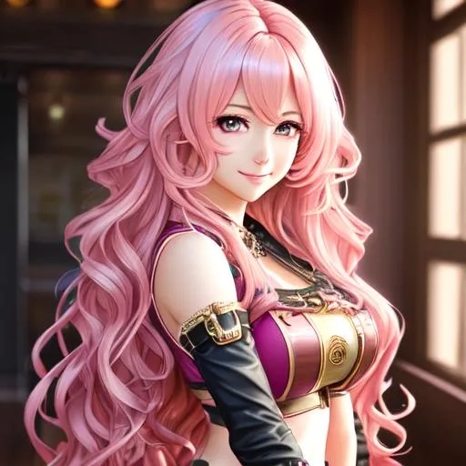 Prompt: extremely realistic, hyperdetailed, extremely long pink wavy hair anime girl, blushing, smiling happily, wears steampunk clothing, toned body, showing abs midriff, highly detailed face, highly detailed eyes, full body, whole body visible, full character visible, soft lighting, high definition, ultra realistic, 2D drawing, 8K, digital art