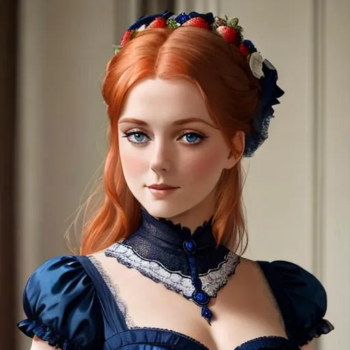 Prompt: beautiful Victorian woman with strawberry blonde hair and light blue eyes wearing a dark blue gown,facial closeup