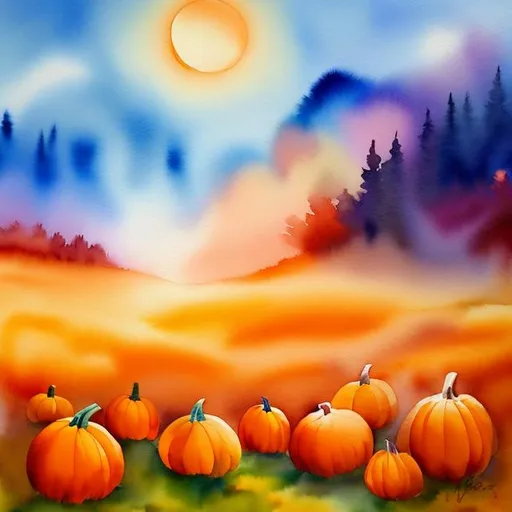 Prompt: (masterpiece, best quality:1.2), A watercolor painting. A spooky pumpkin in a pumpkin patch during a golden sunrise over a green field on a misty morning.