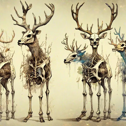 Prompt: "A Digital Illustration of Deer Body transitioning from Living to Skeleton, before-and-after, by Douglas Shuler, Ralph Steadman. Hyperfine details, Trending on Artstation, Masterful Composition, Reimagined by industrial light and magic, blotchy ink, 4k, flat lighting, HDR, IMAX, DoodleAddicts, shadow depth"