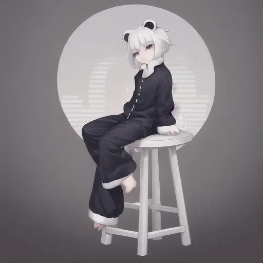 Prompt: Full body view, white haired, kid, Furry Panda Girl, sitting on a table in PJs
