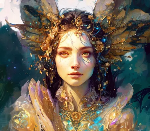 Prompt: blue woman, aura, flower, photorealistic,
soft impressionist brush strokes, canvas texture in the style of richard schmid tight crop muted colors portrait painting magical glowing pretty smiling pixie queen in ornate translucent glowing black and gold armor with glowing spells and magical lighting by Jean-Baptiste Monge:20 Artgerm:5 and Greg Rutkowski:30 by richard schmid :10 . Painting by richard schmid. 
