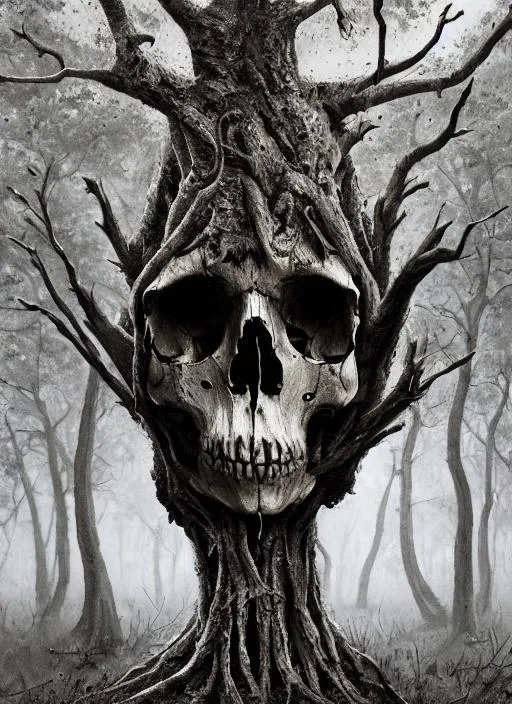 Skulls hanging on bones in the shape of a tree, Bloo... | OpenArt