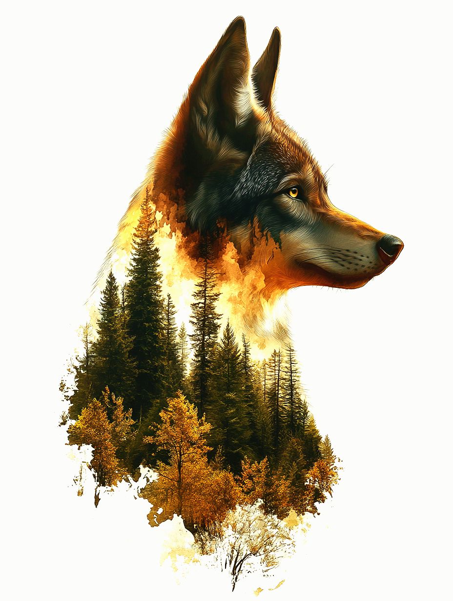 Prompt: 8K, highly detailed, high quality breathtaking double exposure illustration features a wolf's head silhouette. Inside the silhouette is a forest found in the mountains of the western United States. The intricate details of the wolf head silhouette are rendered with impeccable anatomy, while the vibrant colors and textures contrast against the stark white backdrop.