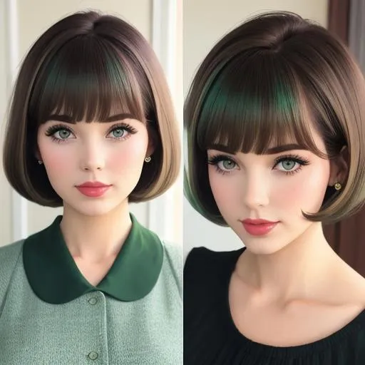 Prompt: Perfect 60's american housewife, short hair with bangs, dark green ombre brown hair 