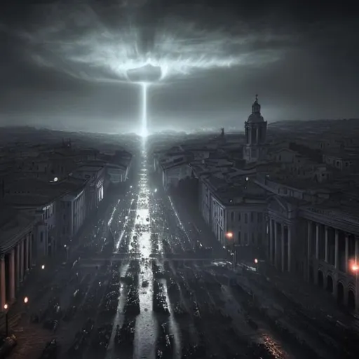 Prompt: it's Rome but in a Lovecraft story. Seen by the sky.
With darkness in form of black fog that envelope the city and shadow all around.
Evil is in town.
Look like a Lee Bermejo style with a lot of contrast and blue lights