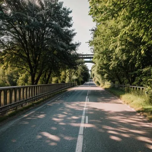 Prompt: A bridge connecting city and a countryside, photo taken from police car