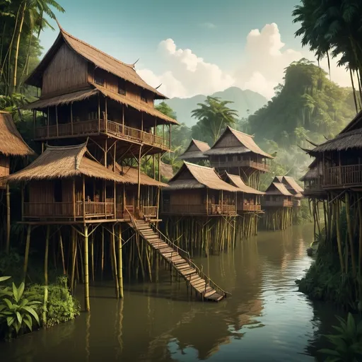 Prompt: Fantasy Illustration of a big djungle town, wooden malay houses, surrounded by a river, on stilts, Vernacular roof made from bamboo, cinematic lighting