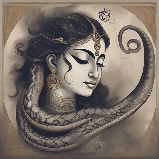 Prompt: A cosmic being whose neck is surrounded by rudaraksh , deep beautify eyes and a long neck covered by a beautify snake, whose body is covered by the dust of ash.