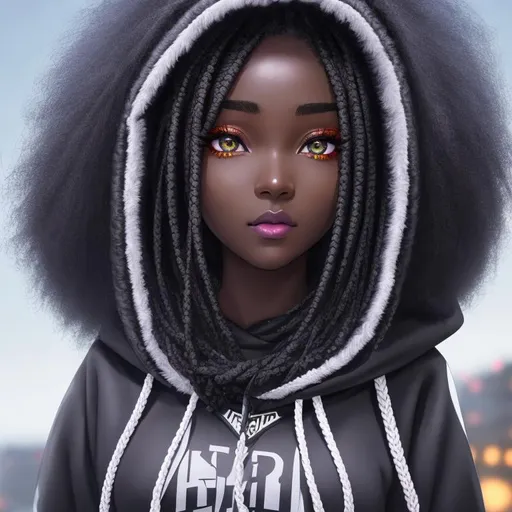 Prompt: (beautiful face) anime, matte skin , dark-skinned anime girl,(hyperdetailed black box braids), ((hyperdetailed realistic black fuzzy hoodie with oversized hood)), (((hyperdetailed glowing galaxy realistic eyes))), iPhone 14 pro max, matte, hdr, 4k, 8k, UHD, digital art, computer art,