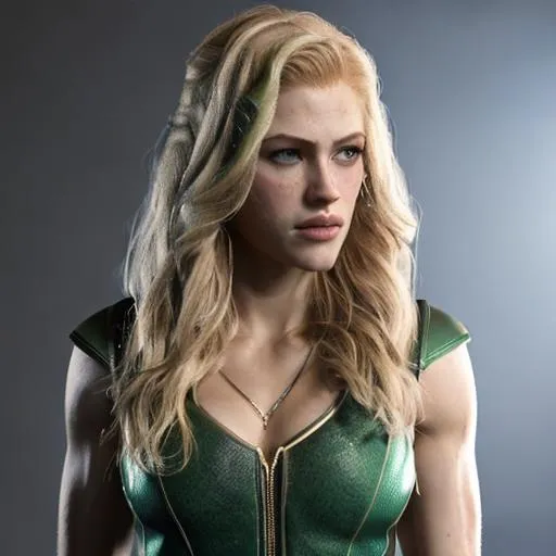 Prompt: mia smoak, kat mcnamara as the green arrow, blonde, green arrow, hood, mask