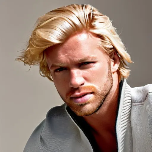 A handsome young man with blond hair and blue eyes