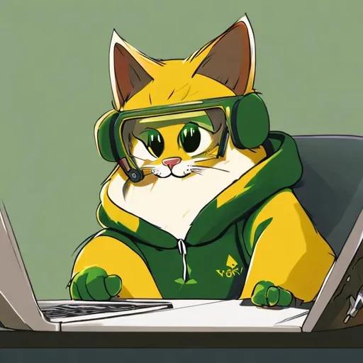 Prompt: Anthro yellow cat with a white muzzle wearing a green hoodie playing videogames ,draw art