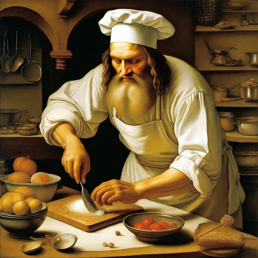 Prompt: (painting), Leonardo da Vinci as chef, wearing white, chef hat,  busy kitchen, masterpiece, intricate detail, by Leonardo da Vinci 