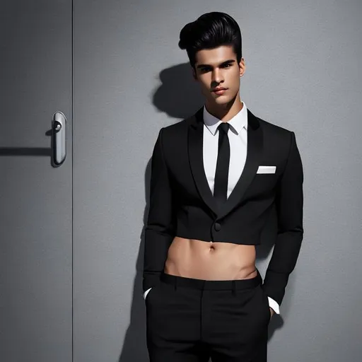 Prompt: crop top, black long sleeve business suit with a black necktie, bare midriff, bare navel, black business suit pants, attractive, extremely long-haired, 21-years old, male, man, six pack abs, determined, standing by door, (sideview), (house background), ((high quality)), ((highly detailed)), 8k, hdr, ((vibrant)), ((breathtaking cameraworks))