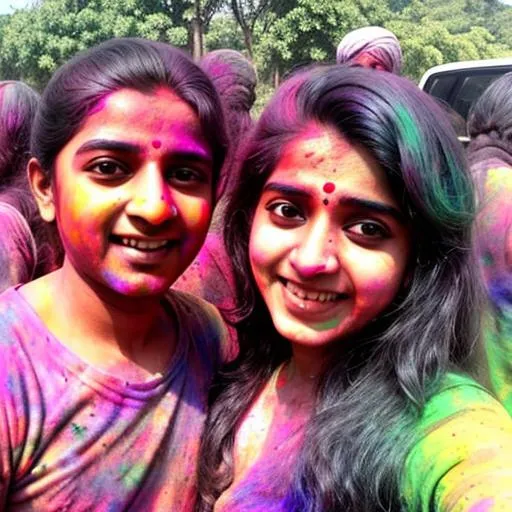 Image of A Group Of Young Girls Filled In Holi Colors and Taking A Selfie  In Smart Phone-KQ088852-Picxy