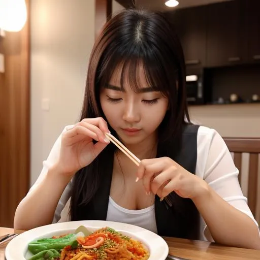 Prompt: Realistic photo, HD, Korean Instagram, cute woman, eating rice, Korean dinner, kimchi, chopsticks, at home, dinner table, age=21, beautiful, attractive, bansang, delicious