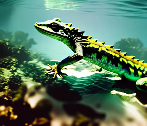 Prompt: Anthro lizard swimming underwater