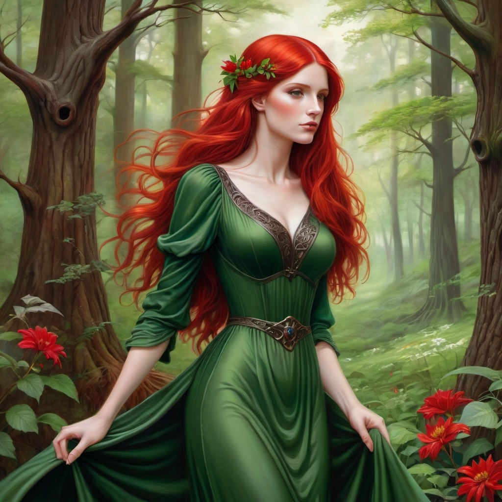 Red hair and green hot sale dress