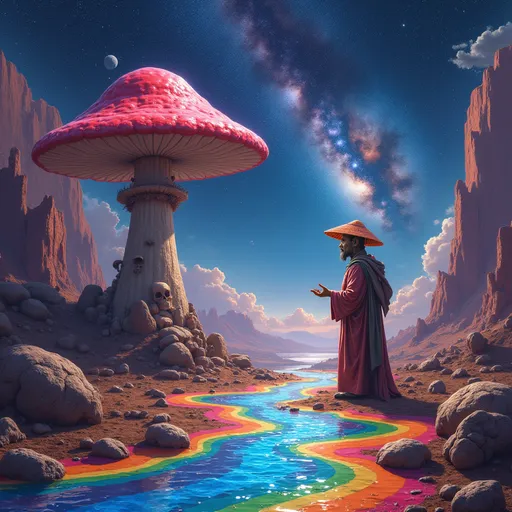 Prompt: Terrence McKenna talking to an Alien on a psychedelic mushroom planet with a rainbow colored river and the milky way in the sky