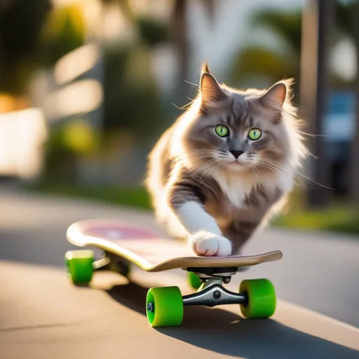 Prompt: a happy cat, riding a skateboard, south beach california, skater, fluffy grey fur, ragdoll breed, vivid green eyes, white skateboard wheels, cinematic, 90mm, canon, perfect photography, dynamic rolling shot, motion blur