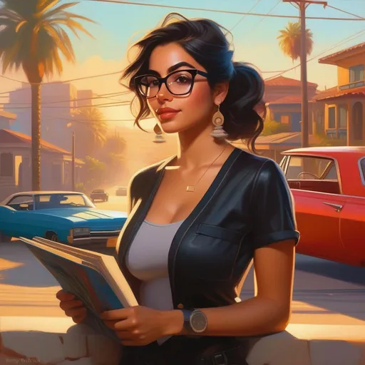 Prompt: Nerdy Latina girl in GTA, cartoony, sunny atmosphere, extremely detailed painting by Greg Rutkowski and by Henry Justice Ford and by Steve Henderson