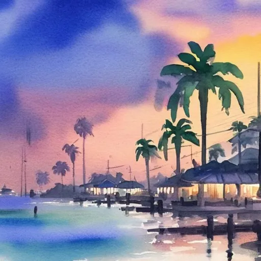 Prompt: Dusk over a tropical seaside village in watercolor