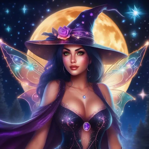 Prompt: A whole body image of a stunningly beautiful, hyper realistic, buxom woman with bright eyes wearing a sparkly, glowing, skimpy, sheer, fairy, witches outfit on a breathtaking night with stars and colors with glowing detailed sprites flying about, fairy dust trailing, standard. Witch fairy.