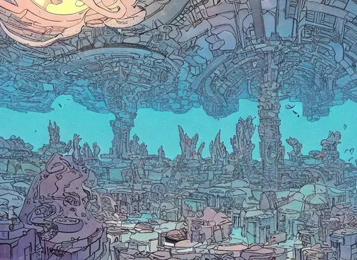 Prompt: An underwater city inhabited by squids, in the style of Moebius