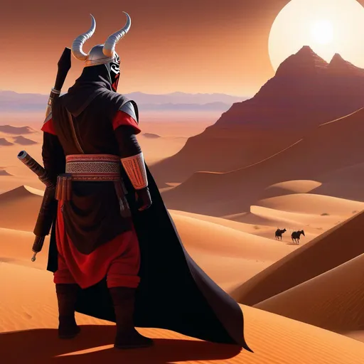 Prompt: Third person, gameplay, Persian soldier ((Darth Maul)), horns, pitch black skin, Fantasy Persian desert, Andes mountains in the background, cool atmosphere, cartoony style, extremely detailed painting by Greg Rutkowski and by Henry Justice Ford and by Steve Henderson 

