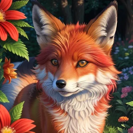 Prompt: (3D, 8k, masterpiece, oil painting, professional, UHD character, UHD background) Portrait of Vixey, Fox and Hound, brilliant red fur, brilliant amber eyes, big sharp 8k eyes, sweetly peacefully smiling, enchanted garden, vibrant flowers, vivid colors, lively colors, vibrant, high saturation colors, highly detailed fur, highly detailed eyes, highly detailed defined face, highly detailed defined furry legs, highly detailed background, full body focus, UHD, HDR, highly detailed, golden ratio, perfect composition, symmetric, 64k, Kentaro Miura, Yuino Chiri, intricate detail, intricately detailed face, intricate facial detail, highly detailed fur, intricately detailed mouth