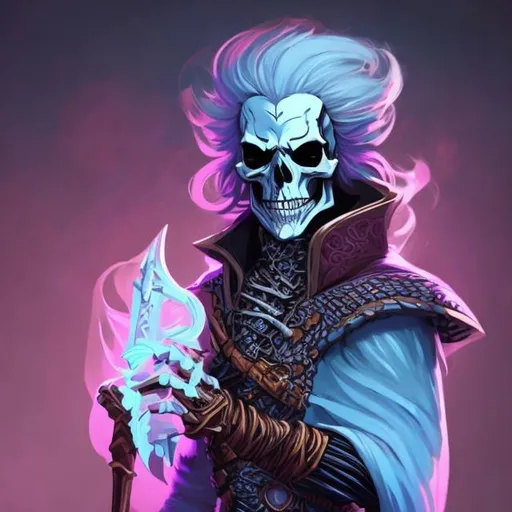 Prompt: DND character portrait male skeleton bard with vibrant looking clothing