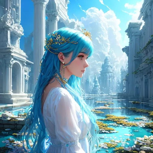 Prompt: closeup, portait, 20 years old, aquamarine blue medium lenght hair, white sheer silk tunic, flower hair pin with gold, standing in the middle of ruins, dim light, crystal clear blue water, some statues, shadow vibrant atmosphere, flooding, some clouds, digital painting, artstation, smooth, concept art, ethereal, digital painting, artstation, concept art, smooth, concept art, happy, ethereal, royal vibe, highly detailed, detailed and intricate background, digital painting, Trending on artstation, Big Eyes, artgerm, highest quality stylized character concept masterpiece, award winning digital 3d oil painting art, hyper-realistic, intricate, 64k, UHD, HDR, image of a gorgeous, beautiful, dirty, highly detailed face, hyper-realistic facial features, perfect anatomy in perfect composition of professional, long shot, sharp focus photography, cinematic 3d volumetric