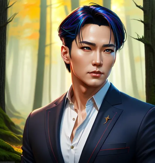 Prompt: 64K, centered position, symmetrical, lighting, detailed face, stanley artgerm lau, Michael Whelan, mel milton concept art, digital painting, looking into camera, Forest background, colorful ambient, HDR, 64K, defined cheek bones, dramatic pose, Fantasy, male, defined features, american, american features, workplace clothing, casual workplace clothing, 