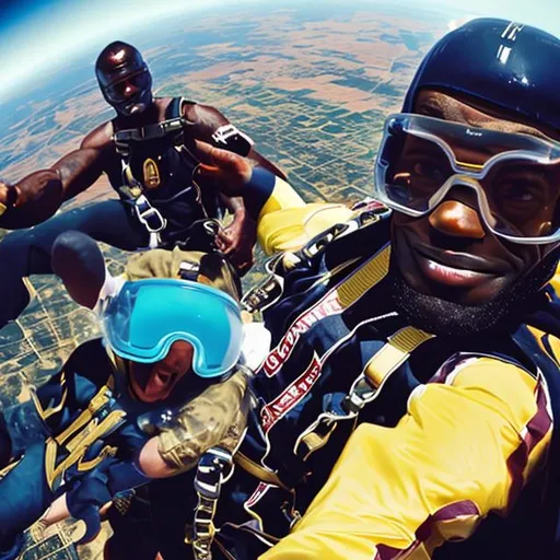 Prompt: lebron james and Oppenheimer sky diving