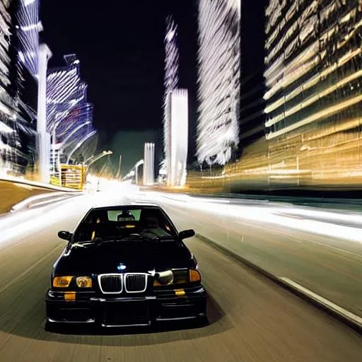 Prompt: Black BMW e36 on a highway at night