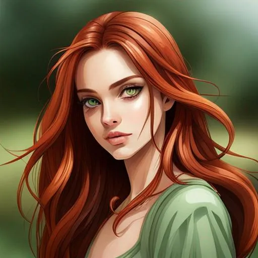 Prompt:  a lady with green eyes, auburn hair, perfect skin