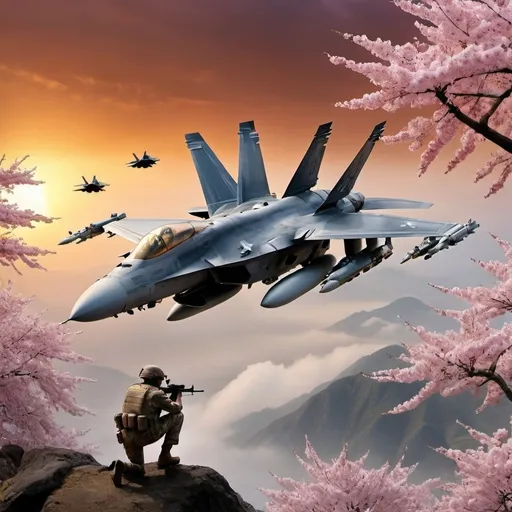 Prompt: i need represent the war in  in their worst moments with f-18 and K1 / K1-88,Panther KF51,Lockheed Martin F-22 Raptor,Lockheed Martin F-16 Fighting Falcon  I want it to be very realistic and   I want Let the armies be the United States and Vietnam and That there are several war crimes and That has a sad, desperate and discouraging aura and With a beautiful sunset and several Japanese-type cherry trees
or A jungle with a great variety of animals