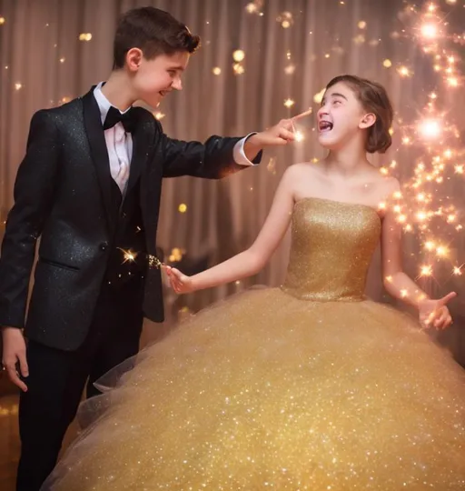 Prompt: 16 year old boy in a tuxedo pointing his magic wand at jar as the 16 year old girl is amazed as a big red super puffy and sparkly ball gown appears on her as gold sparkly magic flys all around her