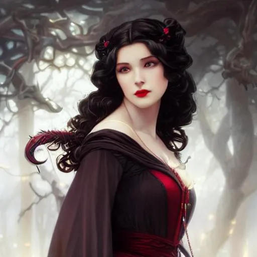 Prompt: Snow White as a vampire queen, long curly hair, intricate, elegant, highly detailed, digital painting, artstation, concept art, smooth, sharp focus, illustration, art by artgerm and greg rutkowski and alphonse mucha and william bouguereau, dark, eerie, gothic