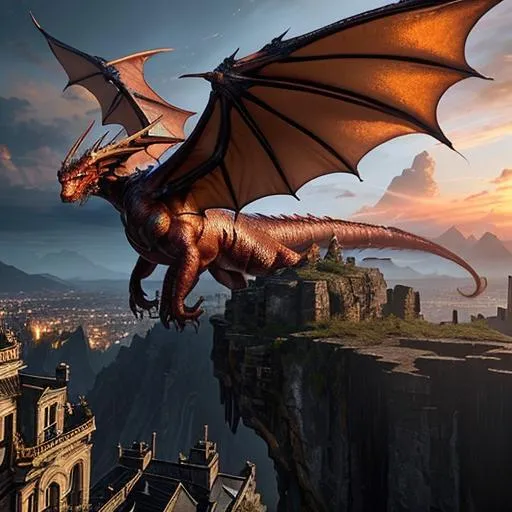 Prompt: ((A full-grown copper dragon with wings perched on a crag above the rooftops of a city, trending by artstation)), photorealistic 64k resolution, HDR, epic, expansive, brilliant, stunning, hyperdetailedphotorealistic , ultra detailed, hyperrealistic, surreal, matte painting, unreal engine 5, UHD, first player sight

