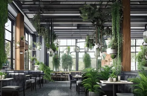 Prompt: restaurant with plants in front of the windows. Fotorealistic render, include sunlight, scandinavian design, the central columns should integrate with nature such as trees and creepers, restaurant hight is 2.8 meters. include plants hanging from ceiling
include customers
