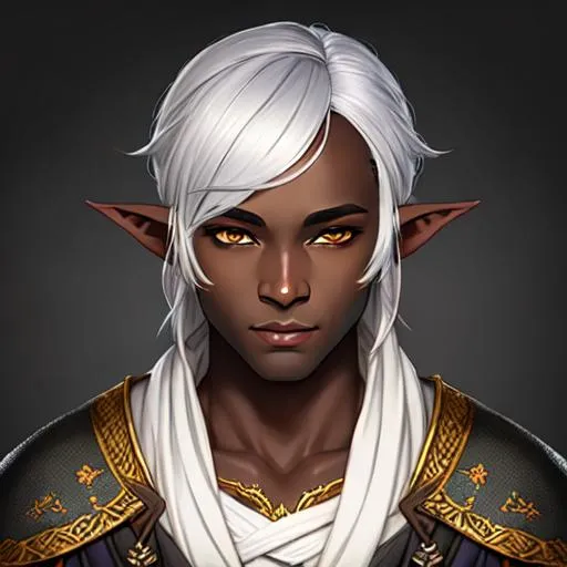 Prompt: half body portrait, male, drow, elf, ((dark gray skin:0.6)), detailed face, detailed eyes, full eyelashes, golden eyes, ultra detailed accessories, detailed village, village worker, background, simple apron, short messy hair, white hair, dnd, artwork, fantasy ,inspired by D&D, concept art, ((looking away from viewer)), ((muted colors)), ((faded colors)), art inspired by Agnes Cecile