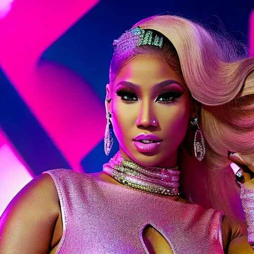 Prompt: High quality pic 64k resolution of Nicki Minaj  wearing blonde hair  and very sexiest detailed pink Barbie look